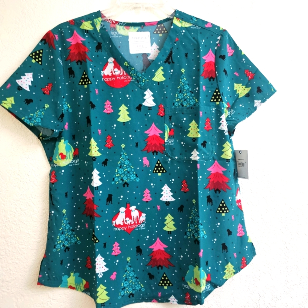 Cherokee Genuine Happy Holidogs Christmas Women's 1-Pocket STRETCH V-Neck Print